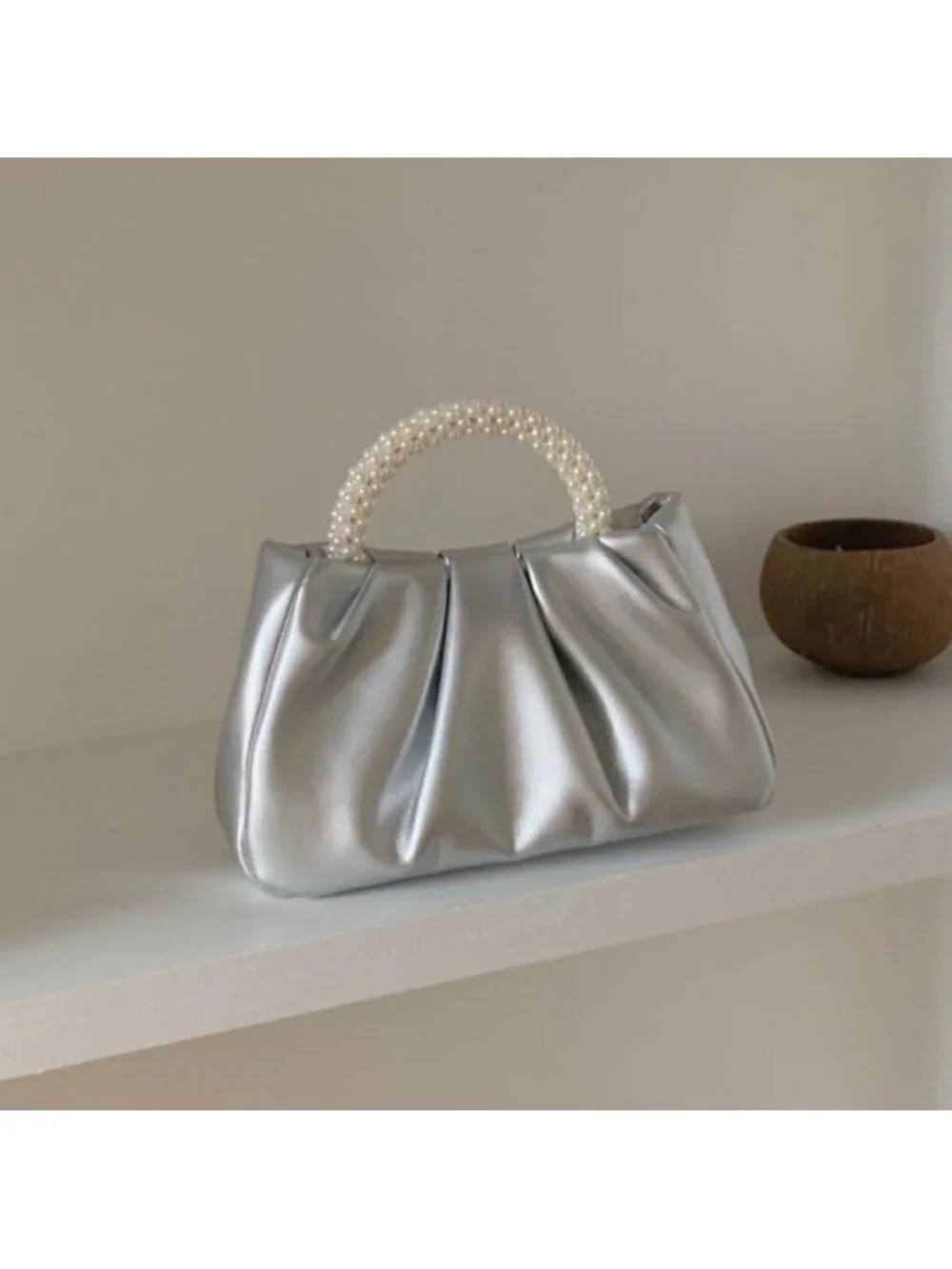👜Women's SilverLeather Wedding Party Pearl Elegant Clutch Purse Magnetic Snap
